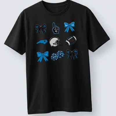 Cartoon design of football, cheer bows, and pompoms in blue, black, and white.