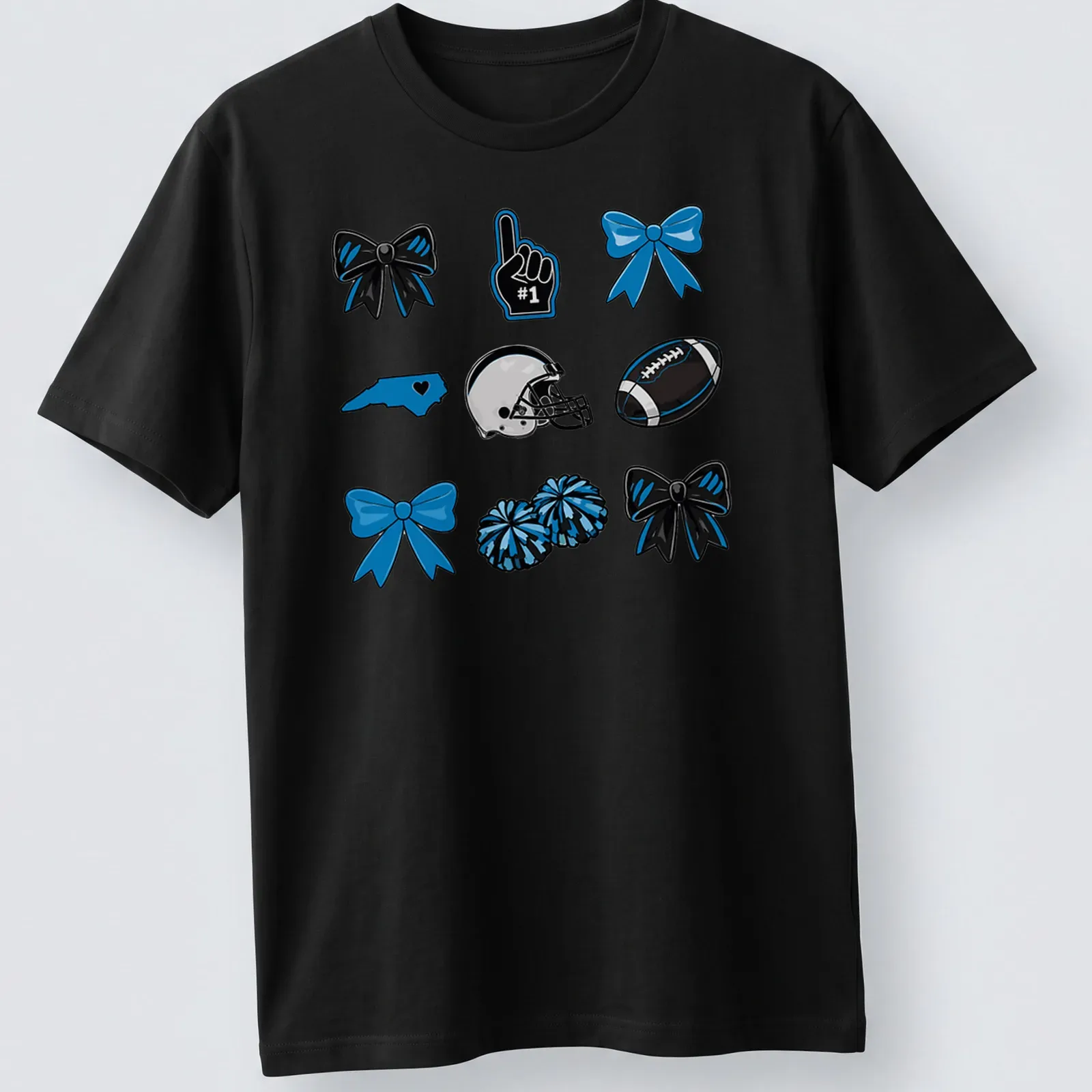 Cartoon design of football, cheer bows, and pompoms in blue, black, and white. — printed on a unisex t-shirt