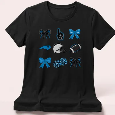 Cartoon design of football, cheer bows, and pompoms in blue, black, and white. — printed on a women's shirt