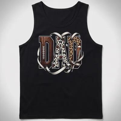 Leopard print typography spelling out DAD with a football theme — printed on a tank top