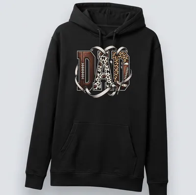 Leopard print typography spelling out DAD with a football theme — printed on a unisex hoodie