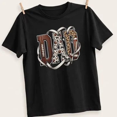 Leopard print typography spelling out DAD with a football theme