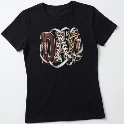Leopard print typography spelling out DAD with a football theme — printed on a women's shirt