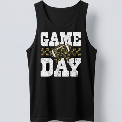 Camo print shirt with playful football and bow graphic, text reads 'GAME DAY' — printed on a tank top