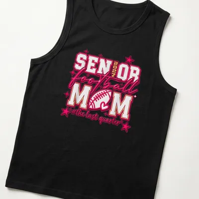 Bold typography Football Mom shirt for Senior 2027, colorful design in pink, white, and gold — printed on a tank top