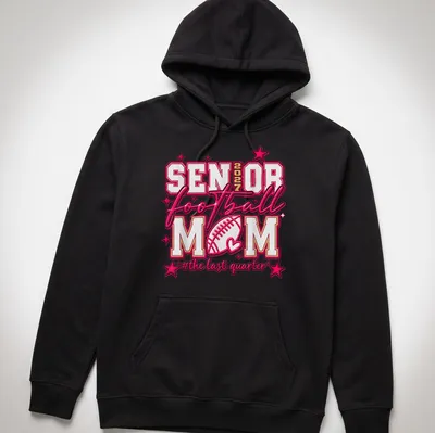 Bold typography Football Mom shirt for Senior 2027, colorful design in pink, white, and gold — printed on a unisex hoodie