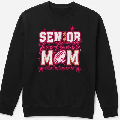 Bold typography Football Mom shirt for Senior 2027, colorful design in pink, white, and gold — printed on a unisex sweatshirt