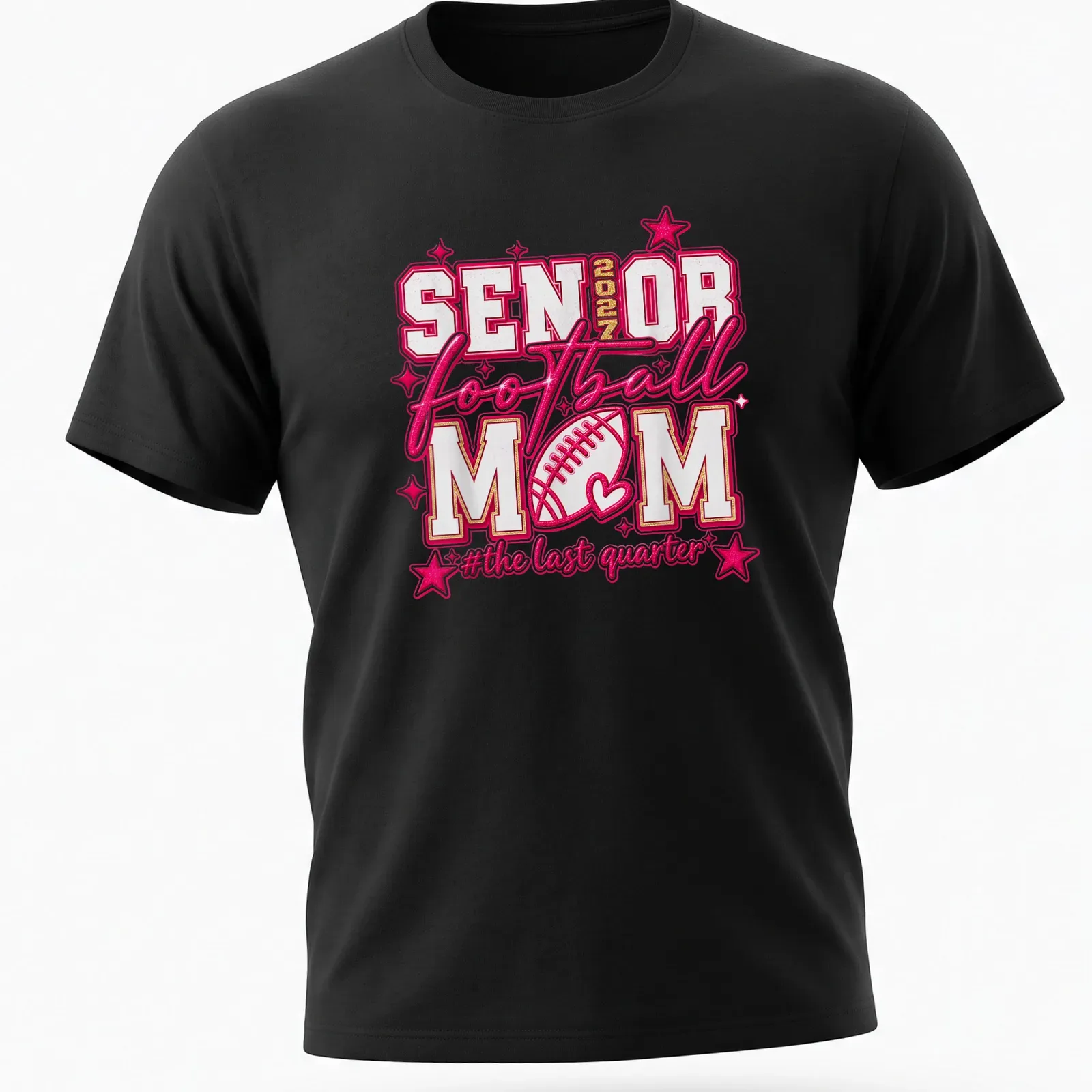 Bold typography Football Mom shirt for Senior 2027, colorful design in pink, white, and gold — printed on a unisex t-shirt