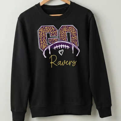 Leopard print t-shirt featuring a football helmet and 'GO Ravens' text — printed on a unisex sweatshirt