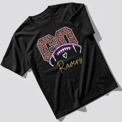 Leopard print t-shirt featuring a football helmet and 'GO Ravens' text