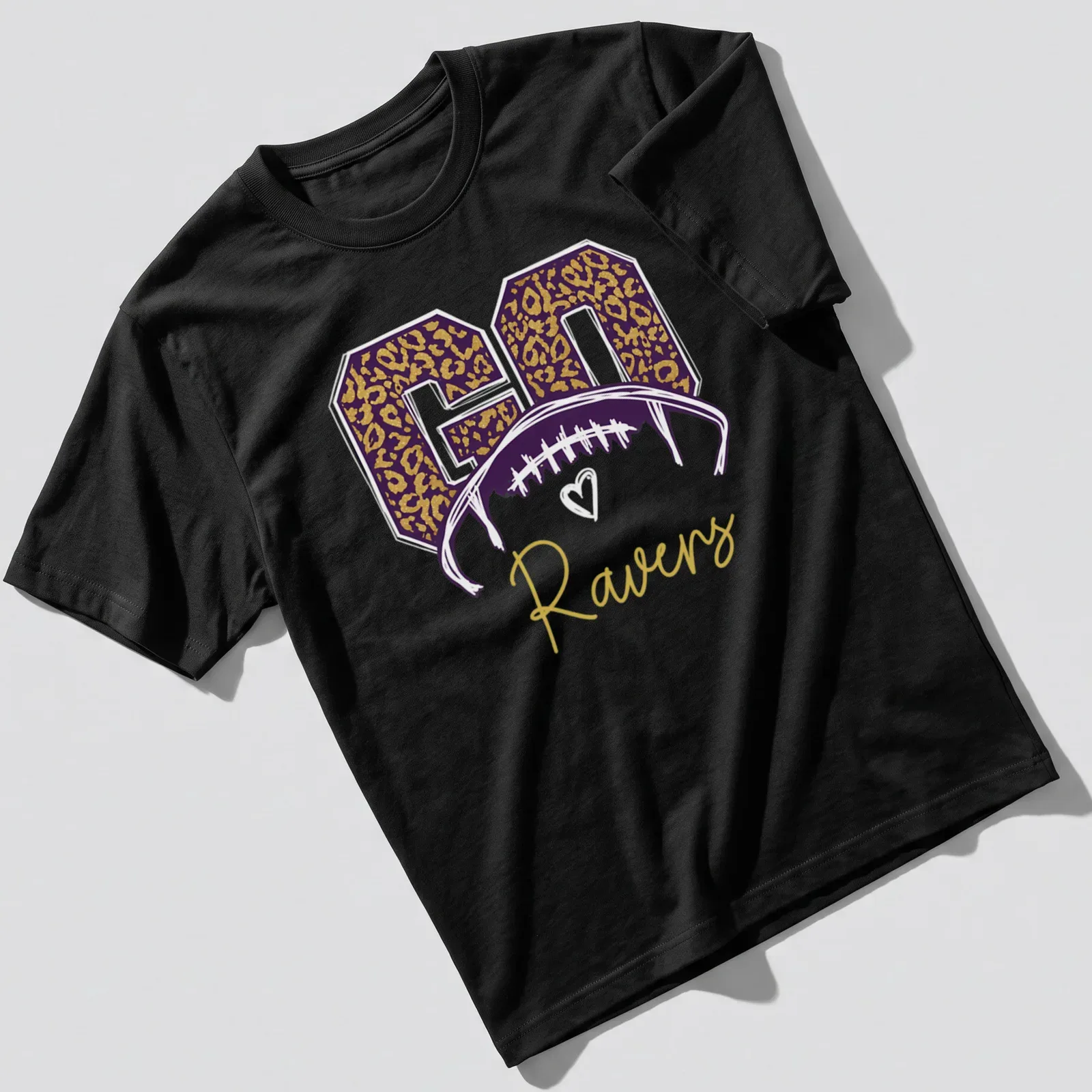Leopard print t-shirt featuring a football helmet and 'GO Ravens' text — printed on a unisex t-shirt
