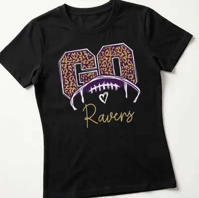 Leopard print t-shirt featuring a football helmet and 'GO Ravens' text — printed on a women's shirt
