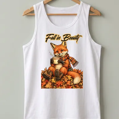 Illustration of a fox enjoying coffee among colorful autumn leaves — printed on a tank top