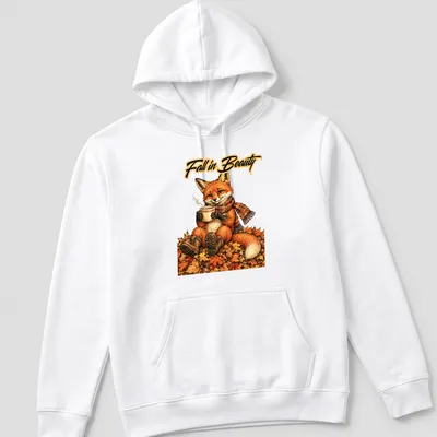 Illustration of a fox enjoying coffee among colorful autumn leaves — printed on a unisex hoodie