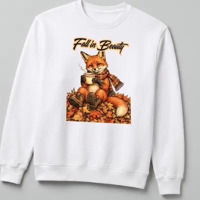 Illustration of a fox enjoying coffee among colorful autumn leaves — printed on a unisex sweatshirt