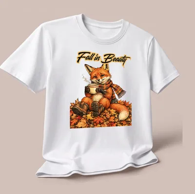 Illustration of a fox enjoying coffee among colorful autumn leaves — printed on a unisex t-shirt (angled view)