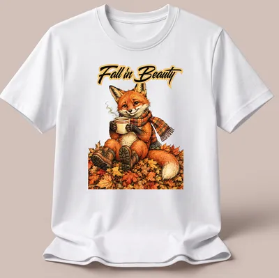 Illustration of a fox enjoying coffee among colorful autumn leaves