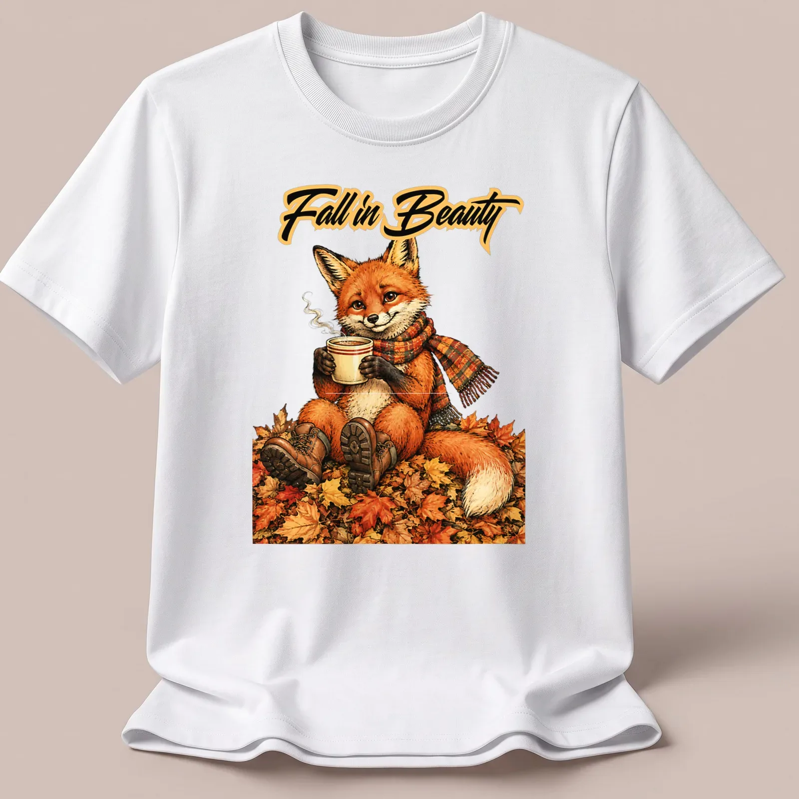 Illustration of a fox enjoying coffee among colorful autumn leaves — printed on a unisex t-shirt
