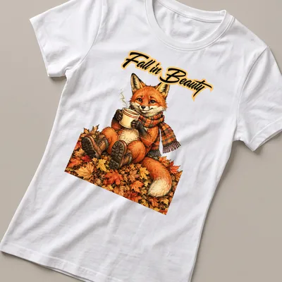 Illustration of a fox enjoying coffee among colorful autumn leaves — printed on a women's shirt