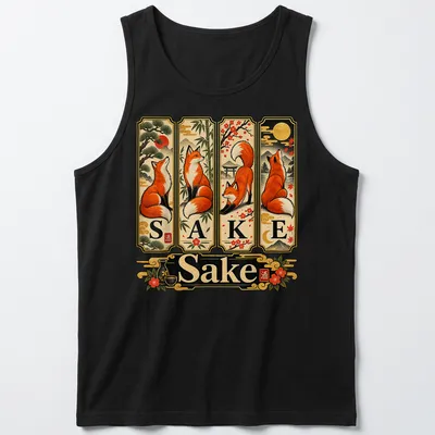 Vintage Japanese style t-shirt featuring foxes and the phrase 'For Fox Sake' in a playful design — printed on a tank top