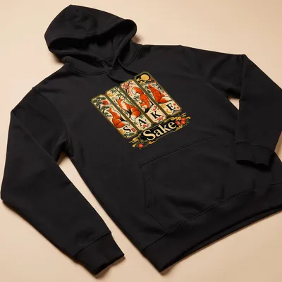 Vintage Japanese style t-shirt featuring foxes and the phrase 'For Fox Sake' in a playful design — printed on a unisex hoodie
