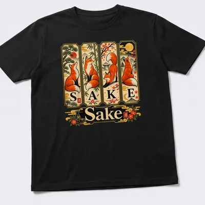 Vintage Japanese style t-shirt featuring foxes and the phrase 'For Fox Sake' in a playful design