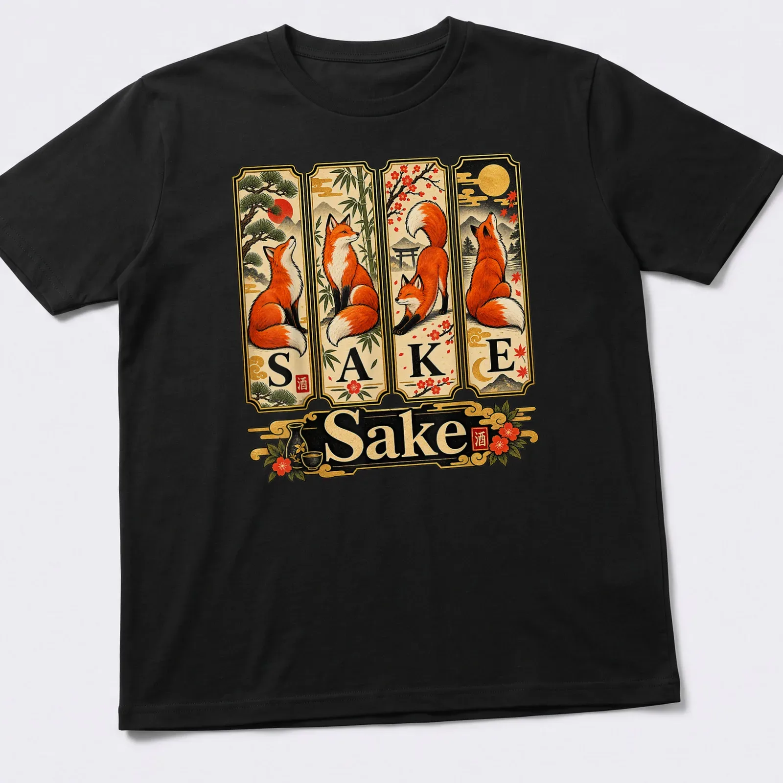 Vintage Japanese style t-shirt featuring foxes and the phrase 'For Fox Sake' in a playful design — printed on a unisex t-shirt