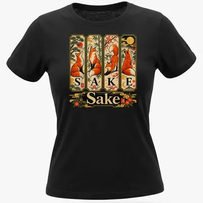 Vintage Japanese style t-shirt featuring foxes and the phrase 'For Fox Sake' in a playful design — printed on a women's shirt