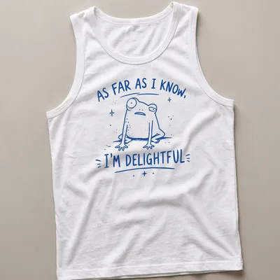 Kawaii line-art frog with text saying 'As Far As I Know, I'm Delightful' in blue. — printed on a tank top