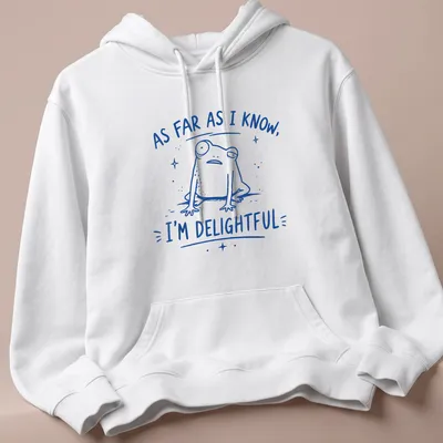 Kawaii line-art frog with text saying 'As Far As I Know, I'm Delightful' in blue. — printed on a unisex hoodie