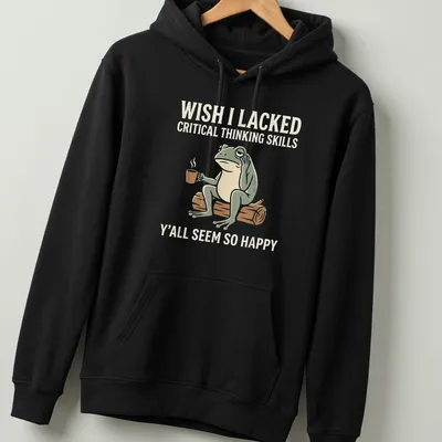 Cartoon frog holding coffee with text about critical thinking skills and happiness — printed on a unisex hoodie