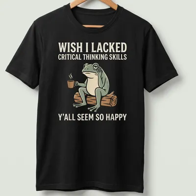 Cartoon frog holding coffee with text about critical thinking skills and happiness