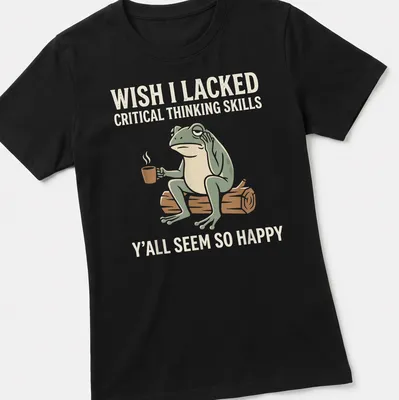 Cartoon frog holding coffee with text about critical thinking skills and happiness — printed on a women's shirt