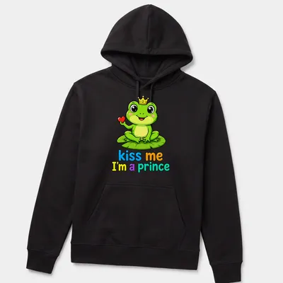 Kawaii frog prince on lily pad with colorful text "kiss me I'm a prince" — printed on a unisex hoodie