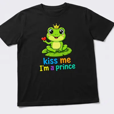 Kawaii frog prince on lily pad with colorful text "kiss me I'm a prince" — printed on a unisex t-shirt