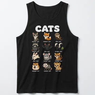 Kawaii cartoon cats with funny nicknames in pastel colors — printed on a tank top