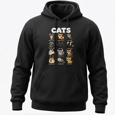 Kawaii cartoon cats with funny nicknames in pastel colors — printed on a unisex hoodie