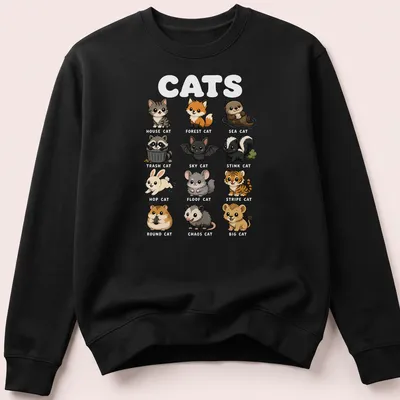 Kawaii cartoon cats with funny nicknames in pastel colors — printed on a unisex sweatshirt