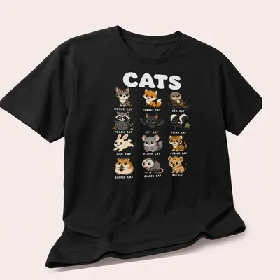 Kawaii cartoon cats with funny nicknames in pastel colors — printed on a unisex t-shirt (angled view)