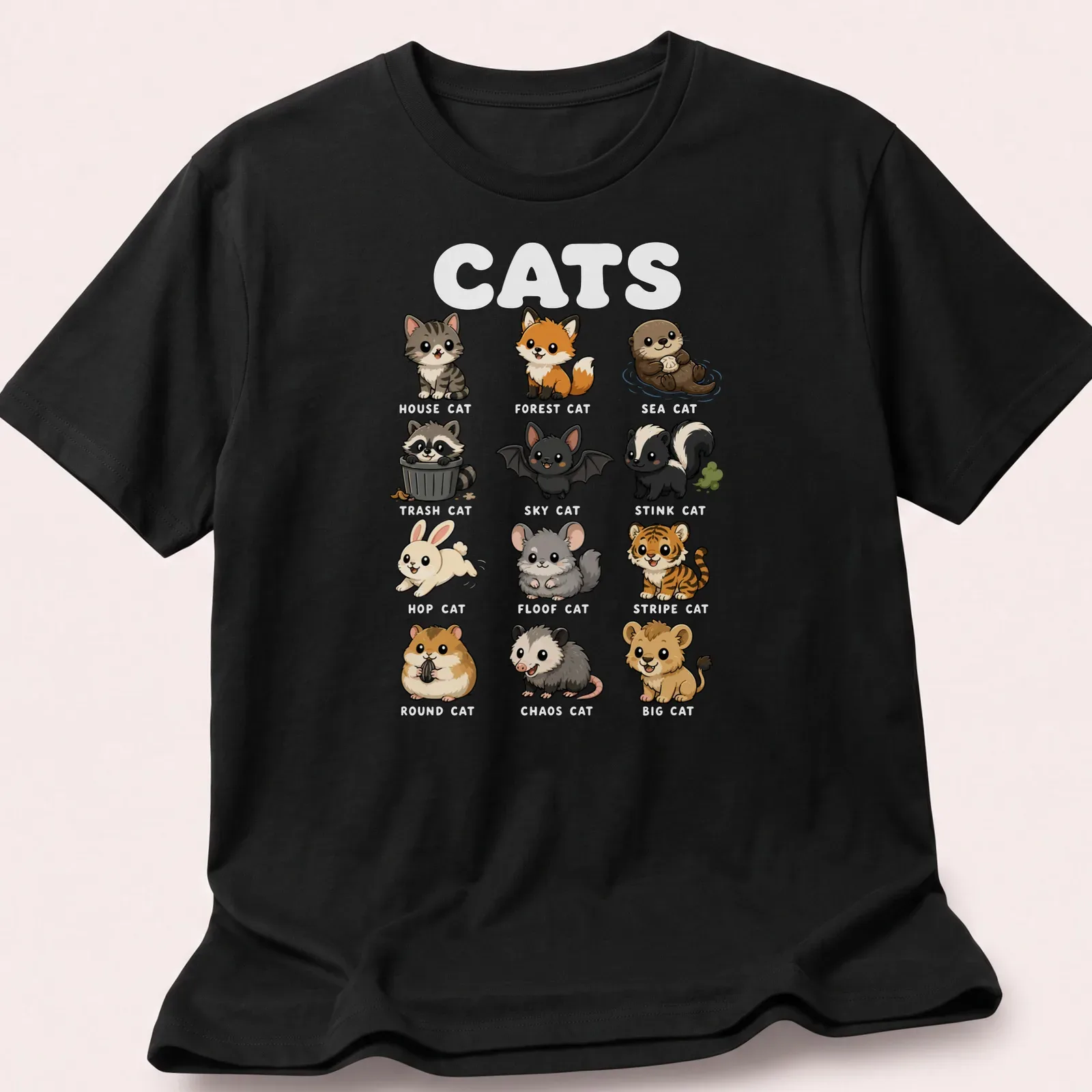 Kawaii cartoon cats with funny nicknames in pastel colors — printed on a unisex t-shirt