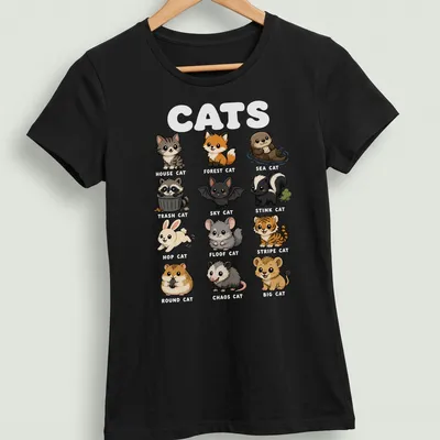 Kawaii cartoon cats with funny nicknames in pastel colors — printed on a women's shirt