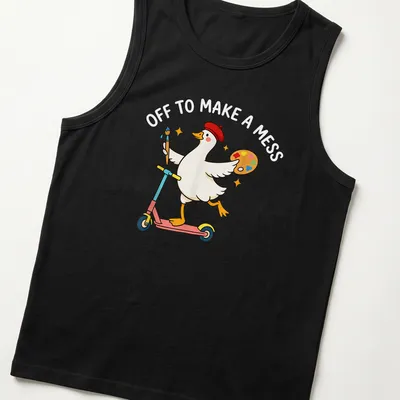 Kawaii cartoon of a goose riding a scooter with colorful text below — printed on a tank top