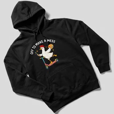 Kawaii cartoon of a goose riding a scooter with colorful text below — printed on a unisex hoodie