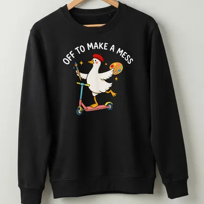 Kawaii cartoon of a goose riding a scooter with colorful text below — printed on a unisex sweatshirt