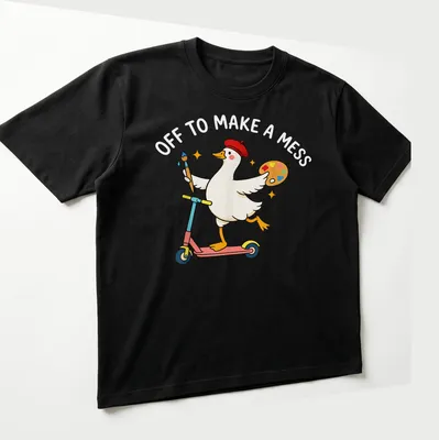 Kawaii cartoon of a goose riding a scooter with colorful text below — printed on a unisex t-shirt (angled view)