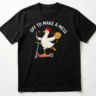 Kawaii cartoon of a goose riding a scooter with colorful text below