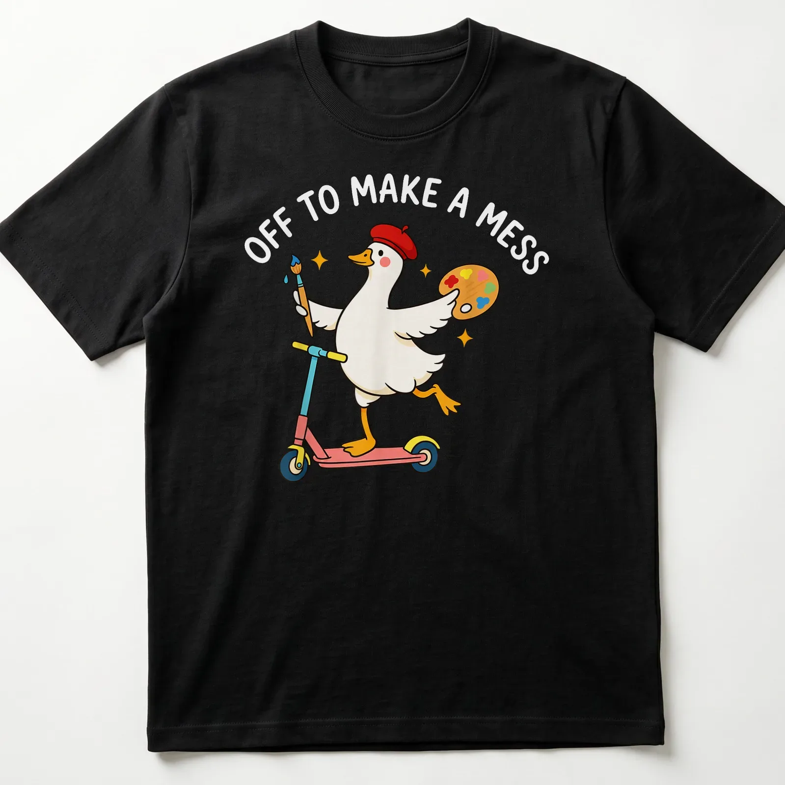 Kawaii cartoon of a goose riding a scooter with colorful text below — printed on a unisex t-shirt
