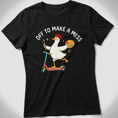 Kawaii cartoon of a goose riding a scooter with colorful text below — printed on a women's shirt