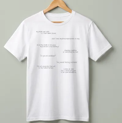 T-shirt displaying humorous quotes in a playful handwritten style in black and white