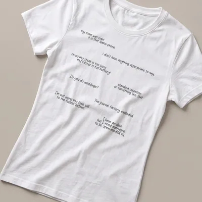 T-shirt displaying humorous quotes in a playful handwritten style in black and white — printed on a women's shirt